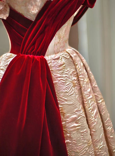 Champagne 3D Flower Velvet Pleats Prom Dress