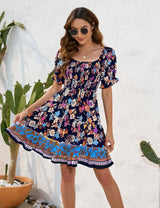 Bohemian Floral Print Short Sleeve Dress