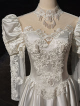 Vintage White Satin Long Sleeve Wedding Dress
