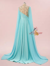 Blue High Neck Chiffon Beading Prom Dress