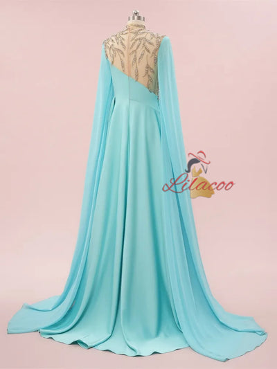 Blue High Neck Chiffon Beading Prom Dress