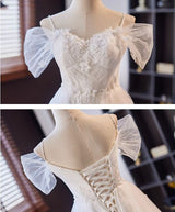 White Tulle Lace Spaghetti Straps Wedding Dress