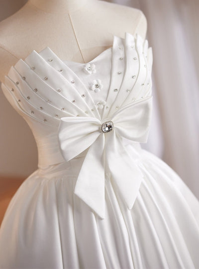 White Satin Strapless Pleats Bow Wedding Dress