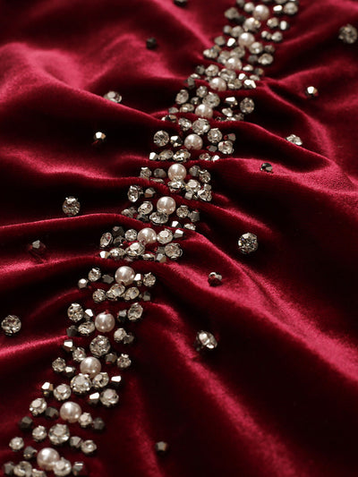Burgundy Velvet Long Sleeve Beading Mother Of The Bride Dress