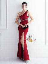 One Shoulder Beading Split Prom Dress