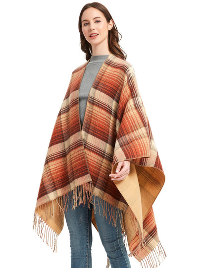 Checked Tassel Split Shawl