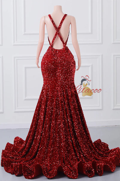 Burgundy Mermaid Sequins Prom Dress