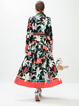 Retro Printed Breasted Long Sleeve Dress