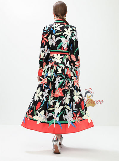 Retro Printed Breasted Long Sleeve Dress