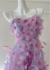 Purple 3D Flower Straps Prom Dress