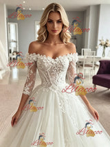 White Tulle Off the Shoulder Appliques Wedding Dress