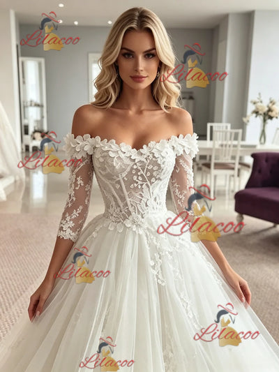 White Tulle Off the Shoulder Appliques Wedding Dress
