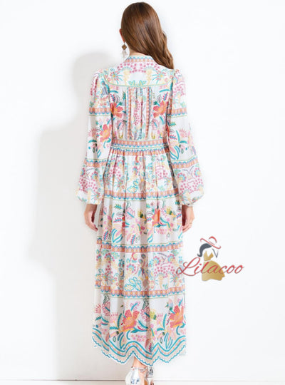 Retro Printed V-neck Button Dress