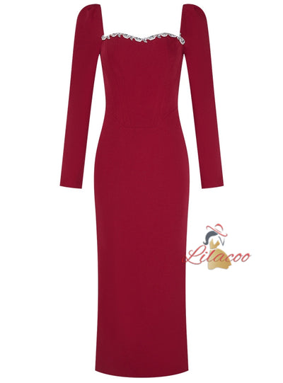 Burgundy Long Sleeve Crystal Prom Dress