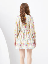 V-neck Lantern Sleeve Retro Printed Mini Dress