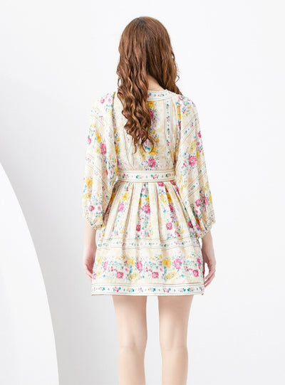 V-neck Lantern Sleeve Retro Printed Mini Dress