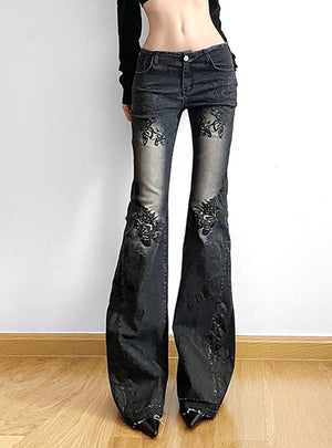 Low Waist Embroidered Flowers Slim Jeans