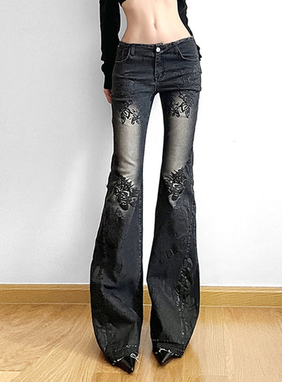 Low Waist Embroidered Flowers Slim Jeans
