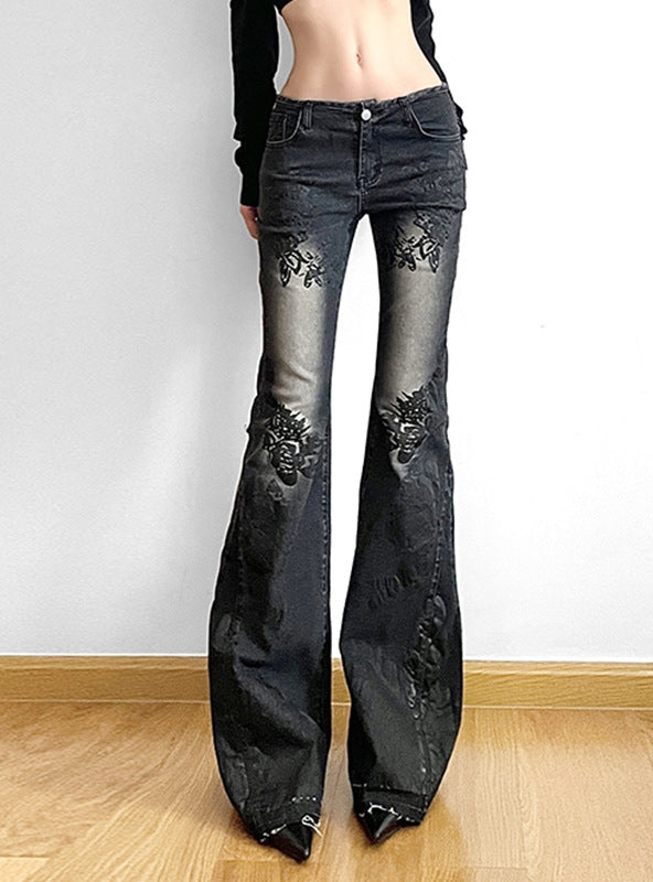 Low Waist Embroidered Flowers Slim Jeans