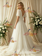 Ivory Tulle V-neck Puff Sleeve Wedding Dress