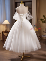 White Tulle Off the Shoulder Pearls Wedding Dress