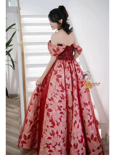 Burgundy Print Sequins Off the Shoulder Prom Dress