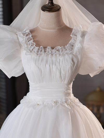 White Tulle Puff Sleeve Pleats Pearls Wedding Dress