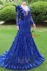 Royal Blue Mermaid Sequins Long Sleeve Prom Dress