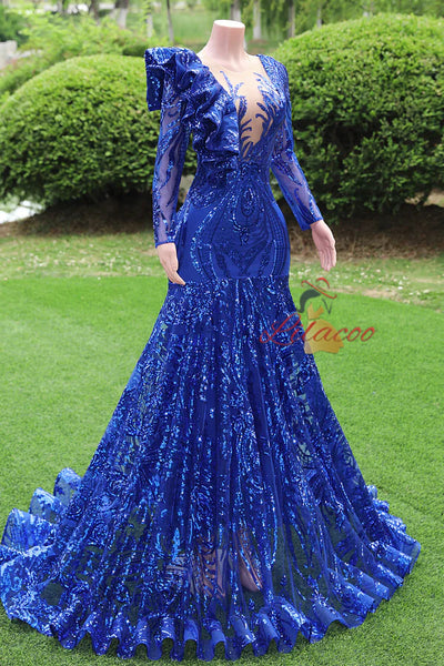 Royal Blue Mermaid Sequins Long Sleeve Prom Dress