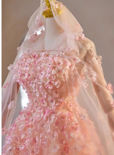 Pink Tulle Strapless 3D Flower Homecoming Dress