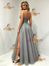 Gray Tulle Straps Appliques Prom Dress