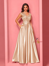 Champagne Satin V-neck Prom Dress