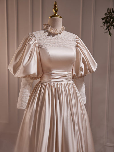 Champagne Satin Lace High Neck Wedding Dress