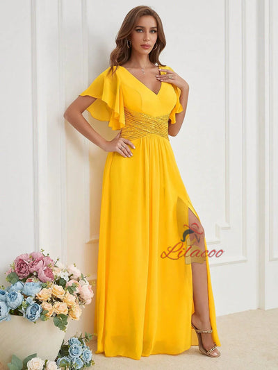 Yellow Chiffon V-neck Sequins Prom Dress