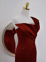 Burgundy One Shoulder Pleats Split Prom Dress