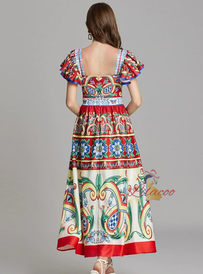 Printed Slim High Waist Flying Sleeve Dress