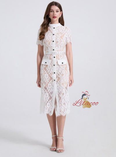 Lace Diamond Short Sleeve Round Neck Slim Dress