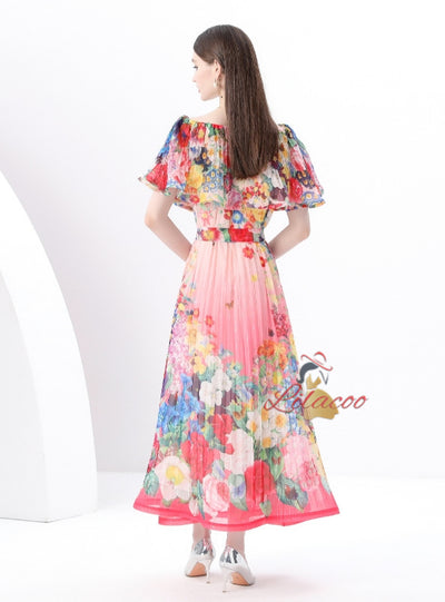 Off the Shoulder Holiday Print Long Dress