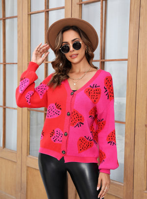 V-neck Button Cardigan Strawberry Coat Sweater