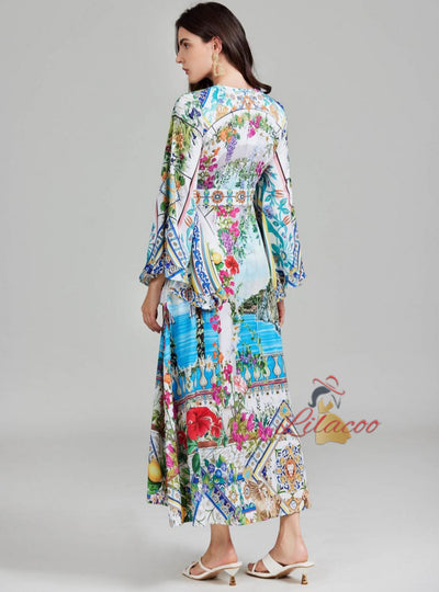 Retro Palace Printed V-neck Flared Sleeve Dress