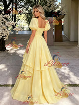 Yelow Tulle Puff Sleeve Pleats Prom Dress