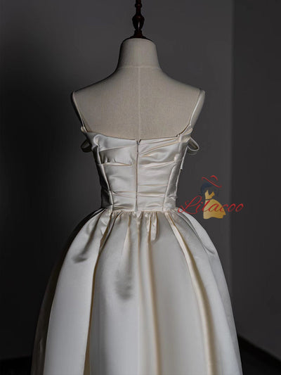 Ivory Satin Straps Pleats Wedding Dress