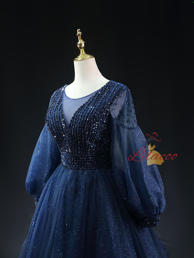 Navy Blue Sequins Long Sleeve Homecoming Dress