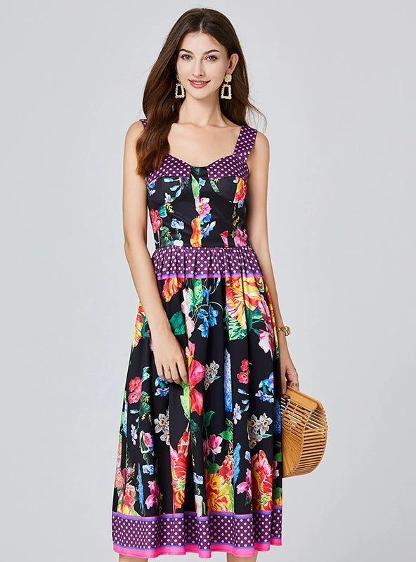 Black Printed Silm Waist Dress