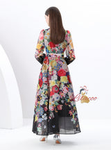 Lantern Sleeve Retro Print Slim Dress