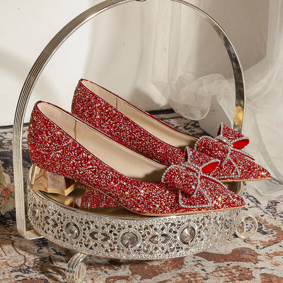 Red Sequins Bow Pointed Wedding Shoes