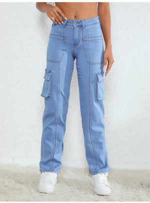 Straight Loose Pockets High Waist Jeans