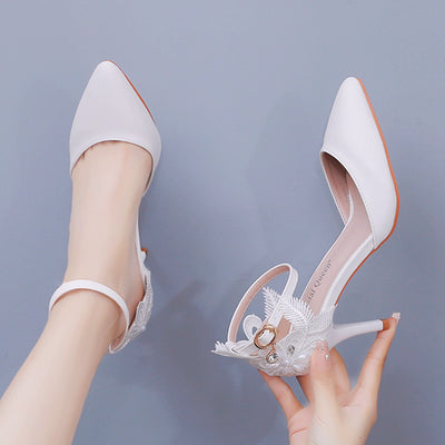 7.5cm White Lace Flower Thin Heels Bridal Shoes