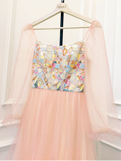 Orange Tulle Long Sleeve Sequins Prom Dress