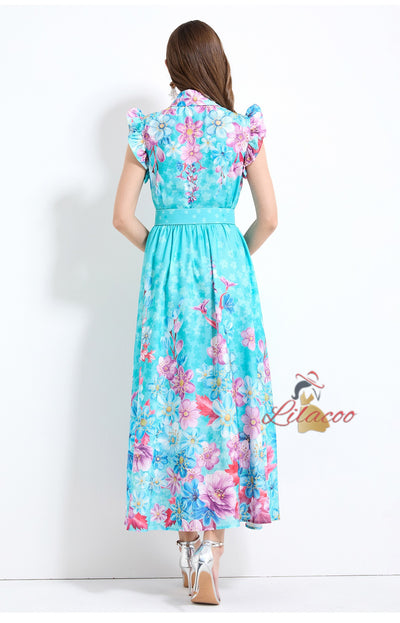 Printed Silm Waist Ruffled Dress
